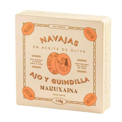 Břitky jedlé 120 ml, 6-8 ks v olivovém oleji s česnekem a chilli, Maruxaina