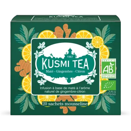 Bio maté bylinný čaj se zázvorem a citronem, 20 mušelínových sáčků, Kusmi Tea