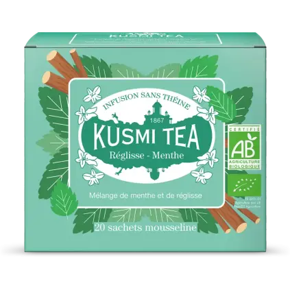 Bio bylinný čaj s lékořicí a mátou, 20 mušelínových sáčků, Kusmi Tea