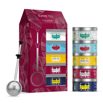 Dárková sada čajů ICONICS TEAS, 5 x 20 g plechovka + infuzér, Kusmi Tea